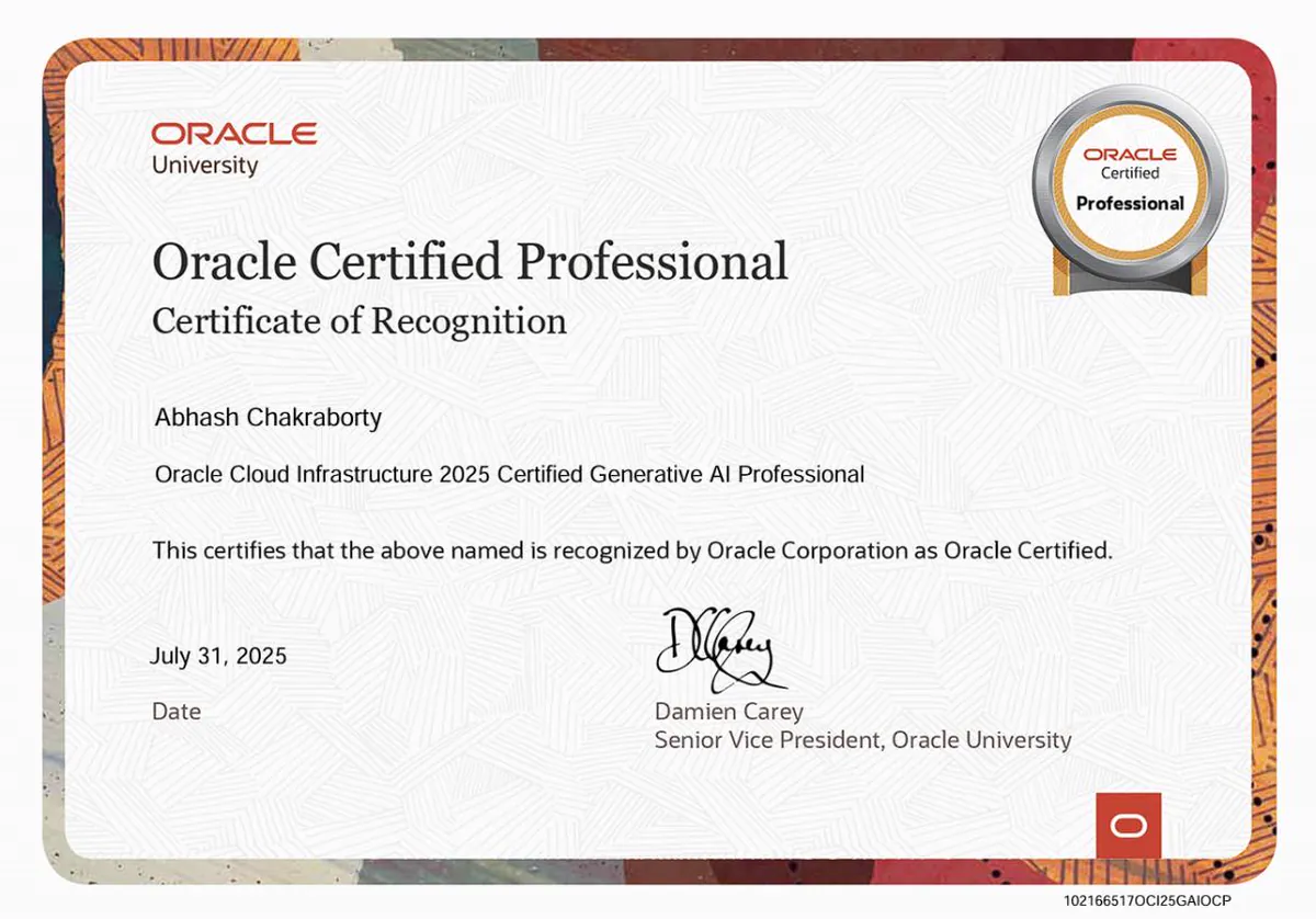 Oracle Cloud Infrastructure 2025 Certified Generative AI Professional certificate