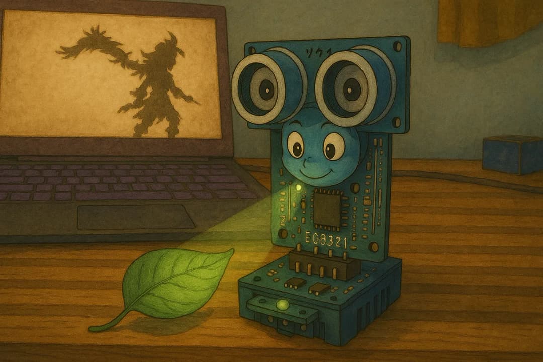 An illustration of the AgroHealth field unit, a small camera board, examining a leaf