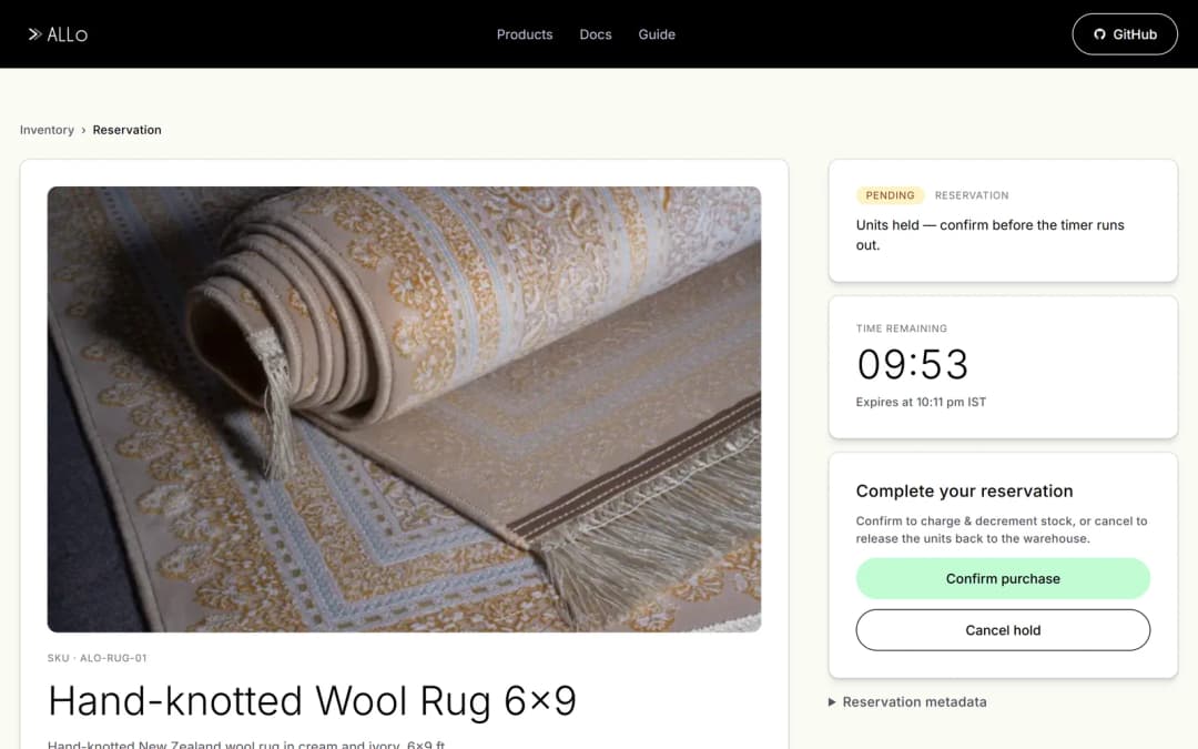 Allo's checkout page: the hand-knotted wool rug from Mumbai is pending, with 09:53 left and buttons to confirm the purchase or cancel the hold