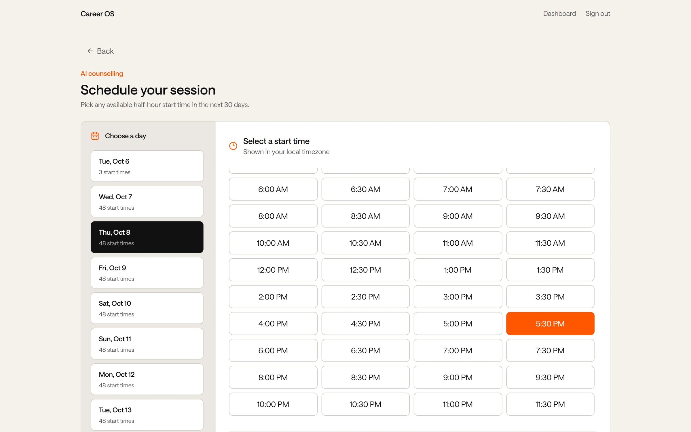 The booking page: a list of days on the left and half-hour start times on the right, with 5:30 PM selected