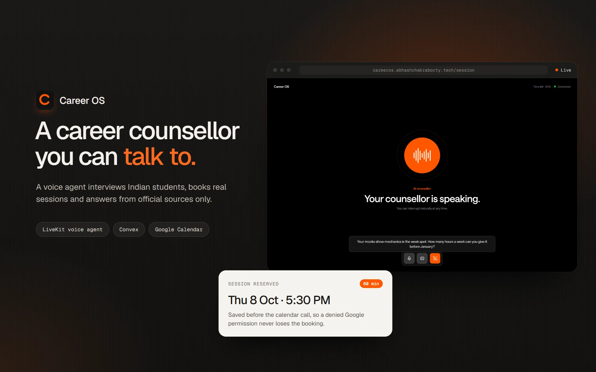 Career OS: a career counsellor you can talk to. The live voice call screen, with a booked session for Thursday at 5:30 PM.