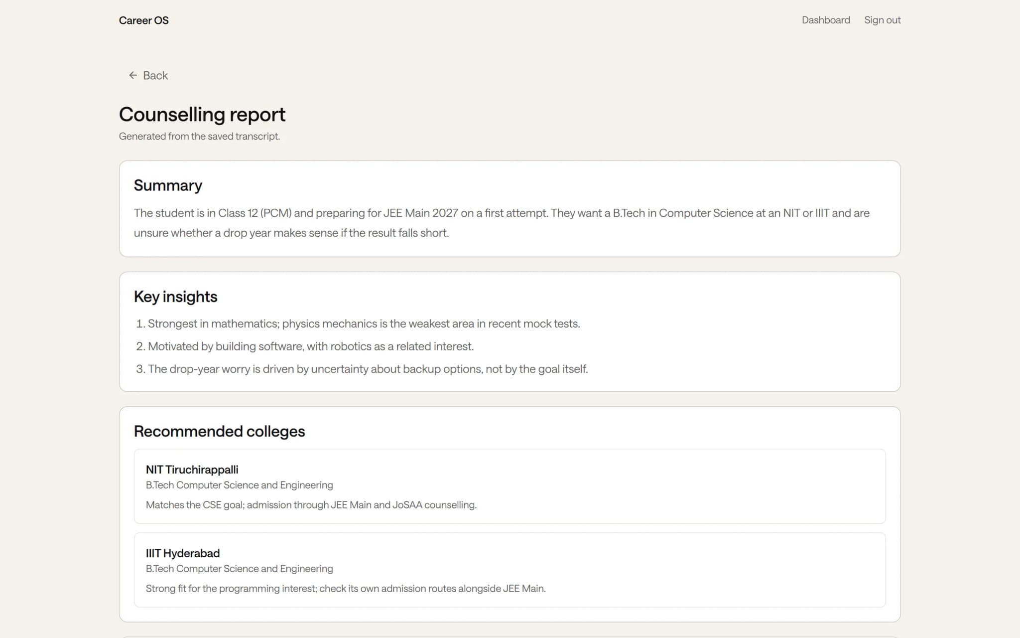 A counselling report with a summary, key insights, recommended colleges and exams, and an action plan