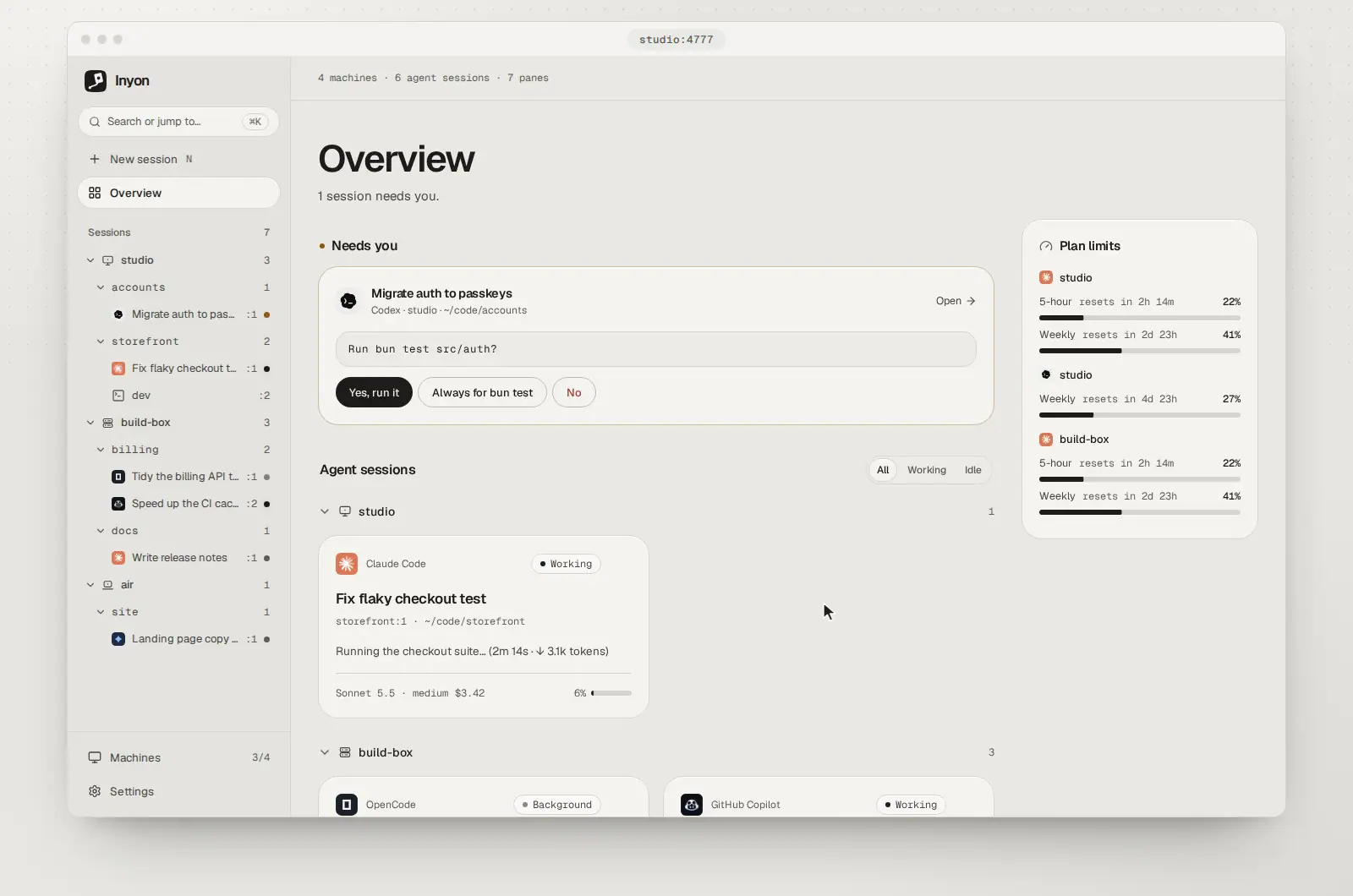 A recording of the desktop overview: a Codex session asks to run bun test, the Yes button is pressed, and the session goes back to work