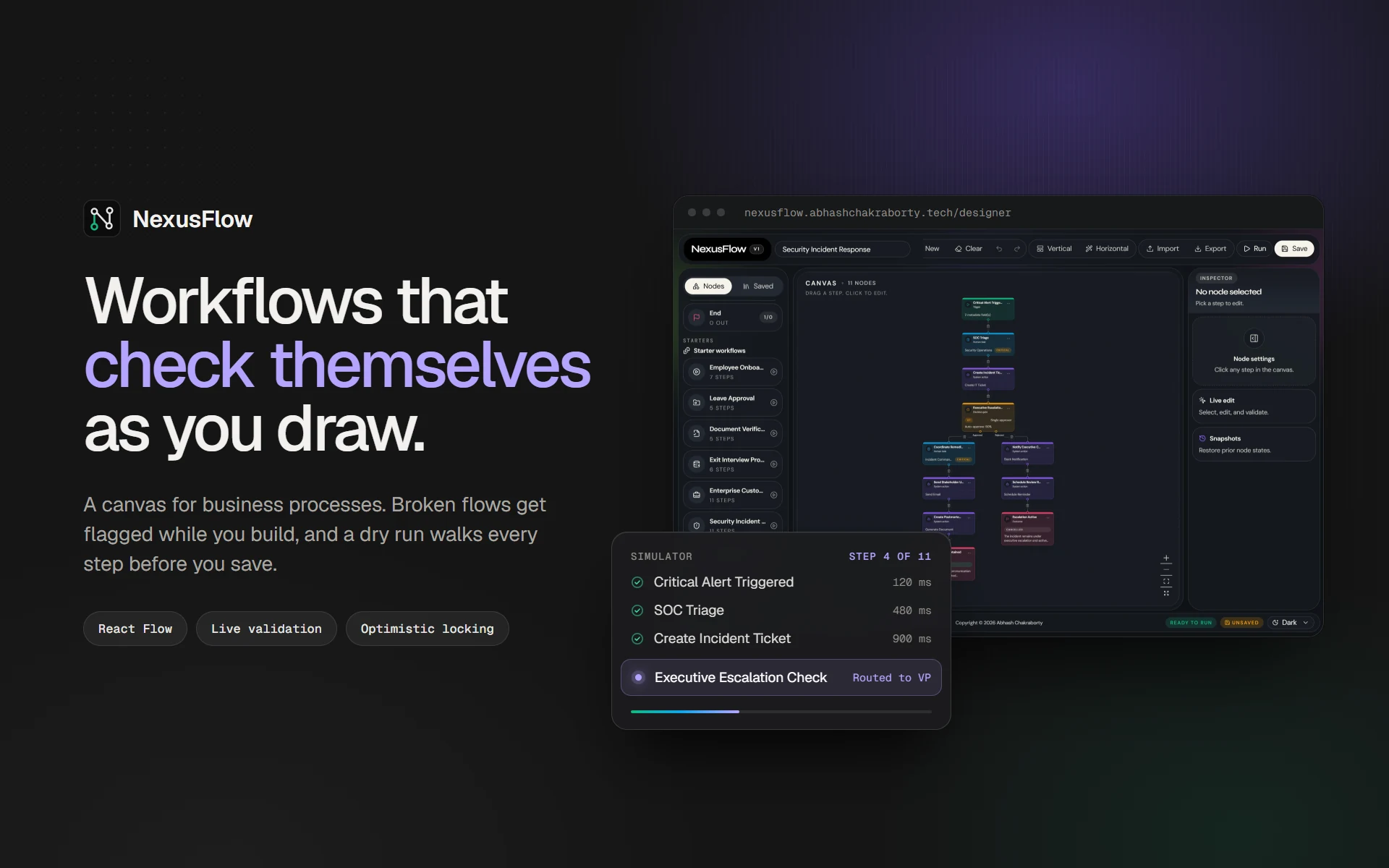 NexusFlow: workflows that check themselves as you draw. The designer with the Security Incident Response flow, and the simulator on step 4 of 11.