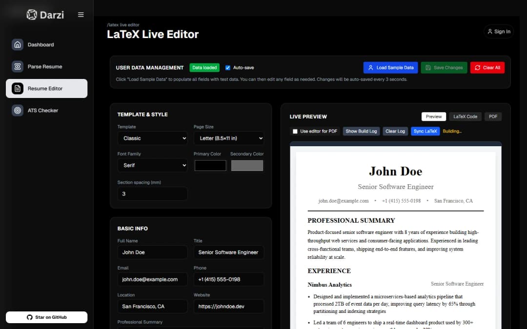 Darzi's LaTeX Live Editor with the app's sample résumé: template and style settings on the left, the compiled résumé preview on the right
