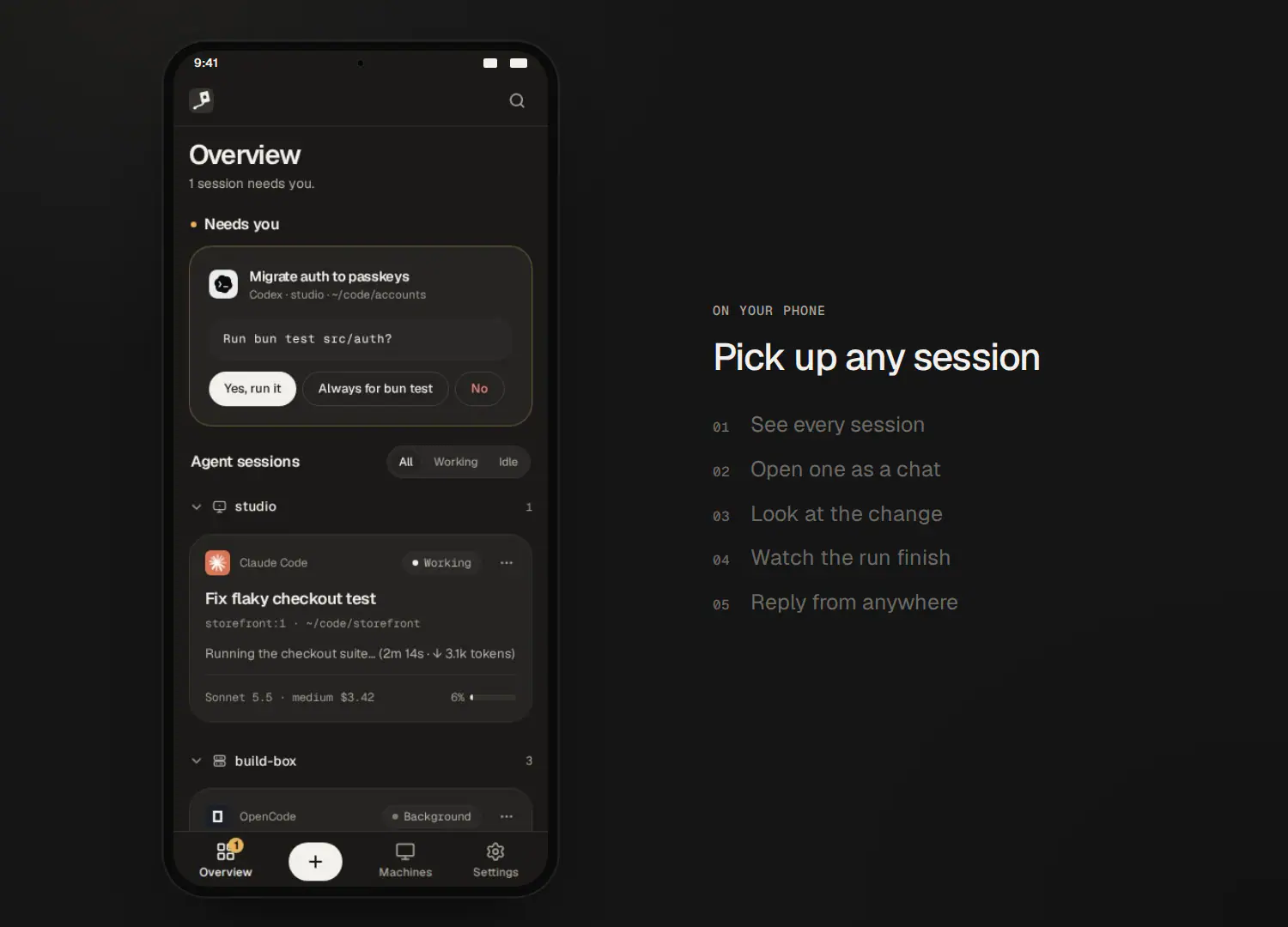 A recording on a phone: opening a running session and following its replies as they arrive