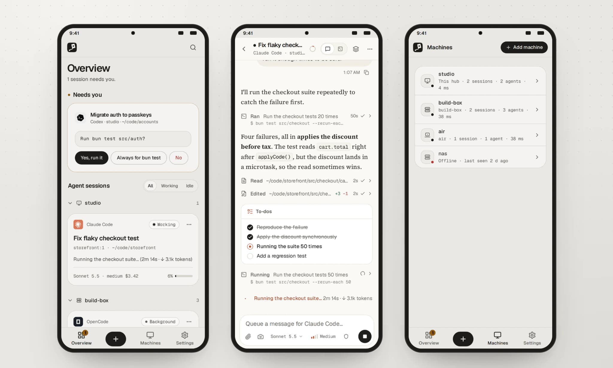 Three phones: the overview with a prompt waiting, a Claude Code session as a chat with a to-do list, and the machines list with an offline server