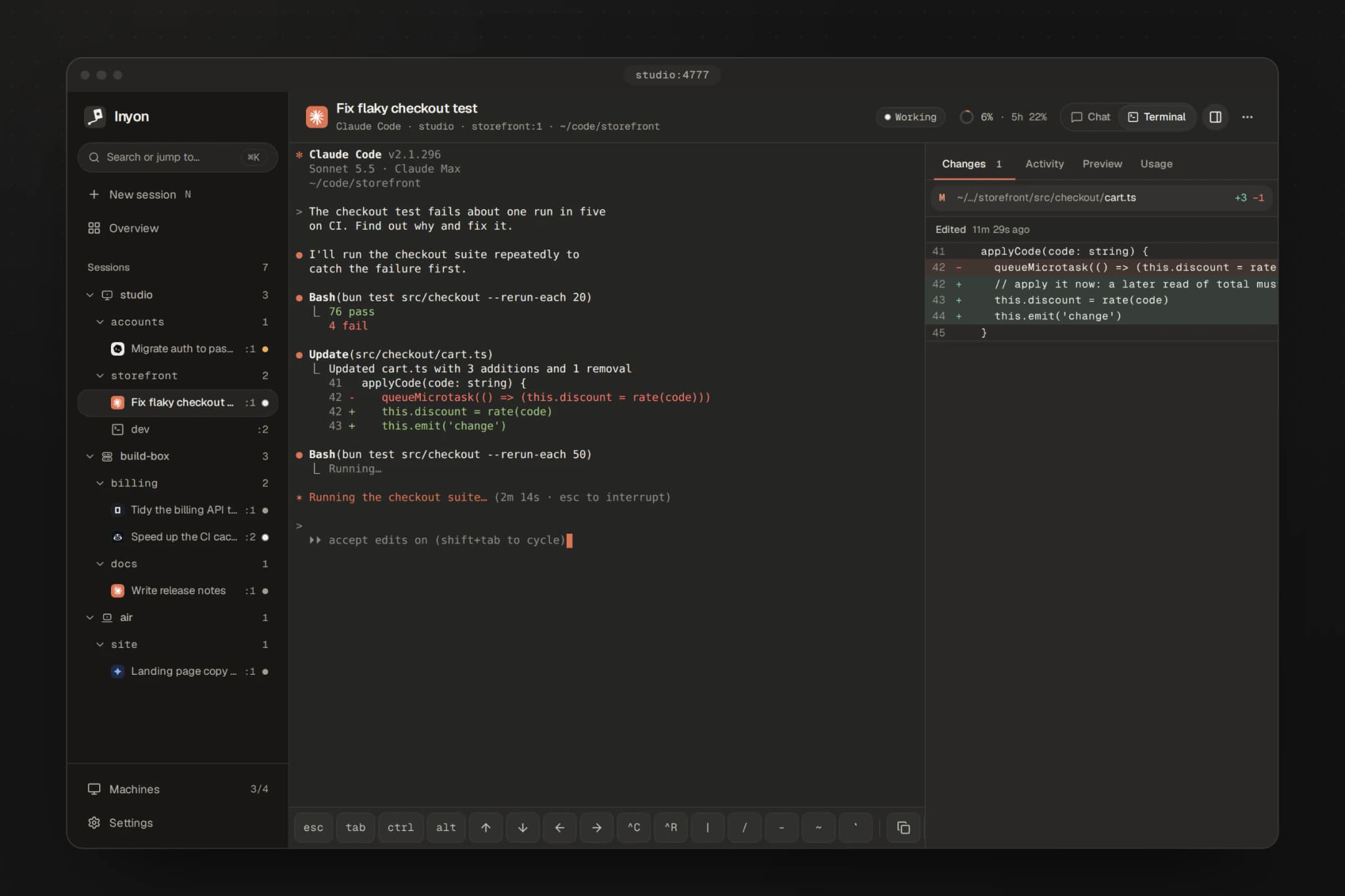 The terminal view in dark mode: Claude Code fixing a flaky checkout test, with the diff of cart.ts in a side panel and a row of terminal keys